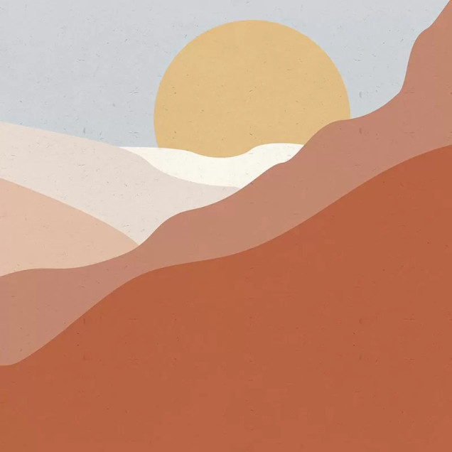 Tapet cu un design minimalist de deșert, cu un apus de soare peste dune de nisip.