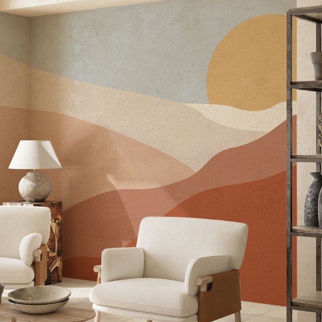 Tapet cu un design minimalist de deșert, cu un apus de soare peste dune de nisip.