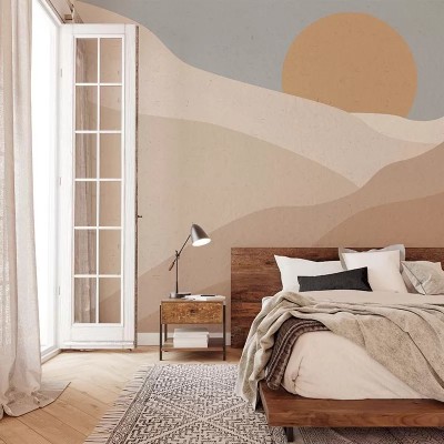 Tapet Postcard Desert Sand, cu design abstract cu dune de nisip și soare, perfect pentru dormitor sau living.