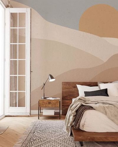 Tapet Postcard Desert Sand, cu design abstract cu dune de nisip și soare, perfect pentru dormitor sau living.
