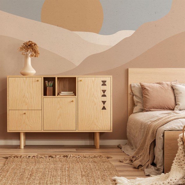Tapet Postcard Desert Sand, cu design abstract cu dune de nisip și soare, perfect pentru dormitor sau living.