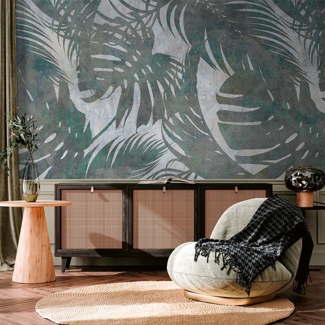 Tapet cu frunze tropicale, design minimalist, ușor de aplicat și de întreținut, perfect pentru living, dormitor, birou sau hol.