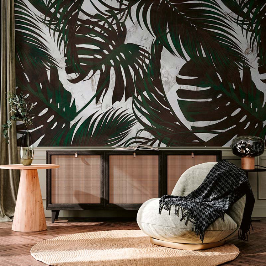 Tapet cu frunze tropicale, design minimalist, ușor de aplicat și de întreținut, perfect pentru living, dormitor, birou sau hol.