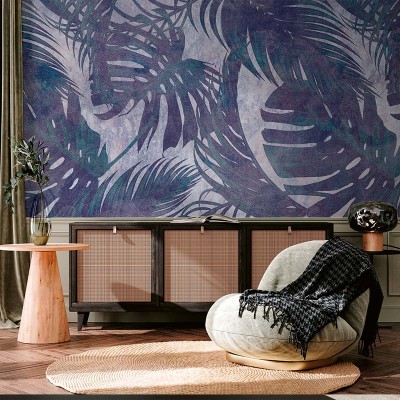 Tapet cu design modern Leaves Original Violet, cu frunze tropicale în nuanțe de violet și verde