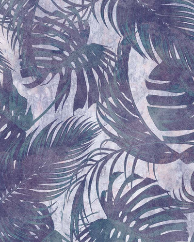 Tapet cu design modern Leaves Original Violet, cu frunze tropicale în nuanțe de violet și verde