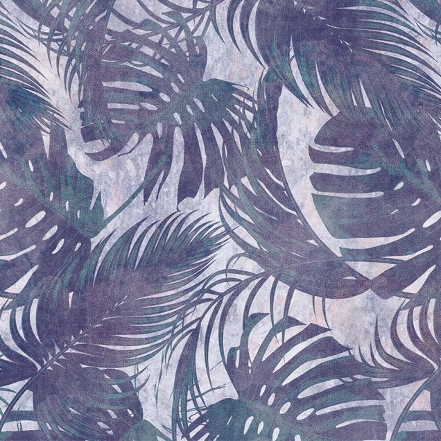 Tapet cu design modern Leaves Original Violet, cu frunze tropicale în nuanțe de violet și verde