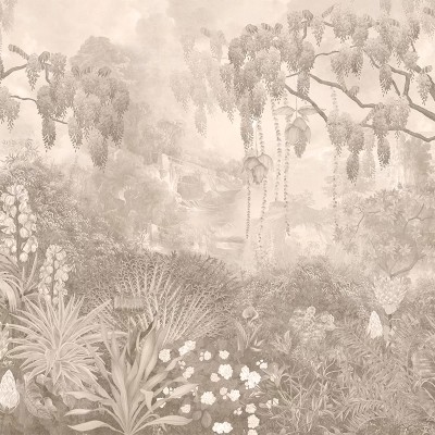 Fototapet cu design floral și arbori sepia într-un interior modern