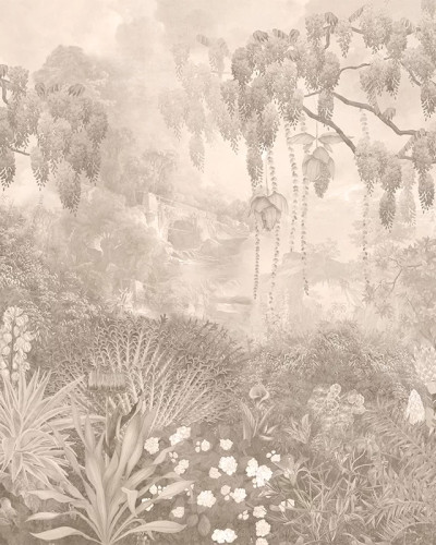Fototapet cu design floral și arbori sepia într-un interior modern