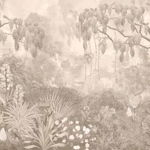 Fototapet cu design floral și arbori sepia într-un interior modern
