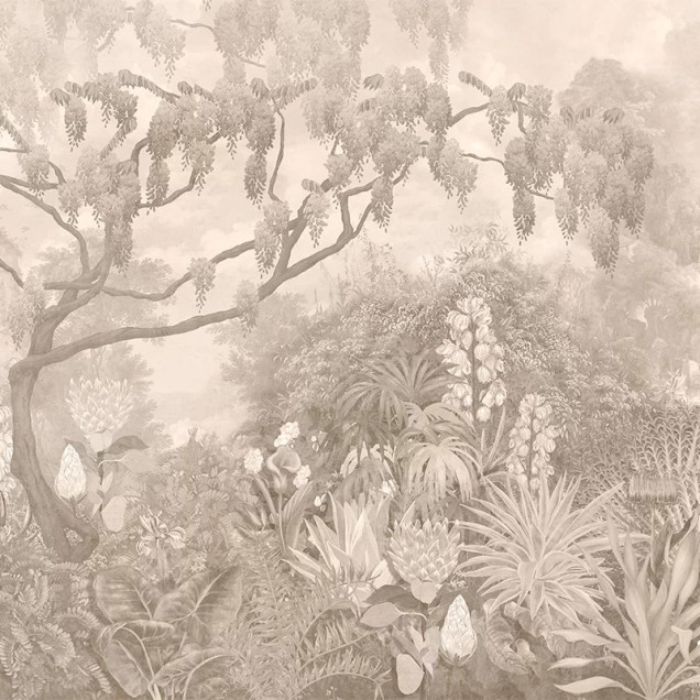 Fototapet cu design floral și arbori sepia într-un interior modern