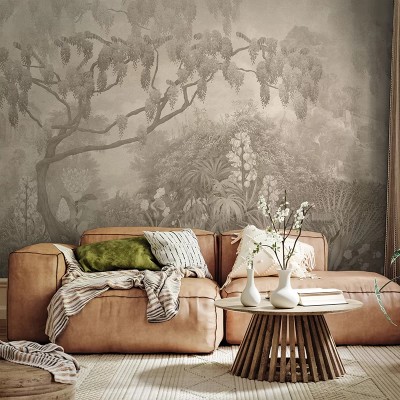 Fototapet cu design floral și arbori sepia într-un interior modern