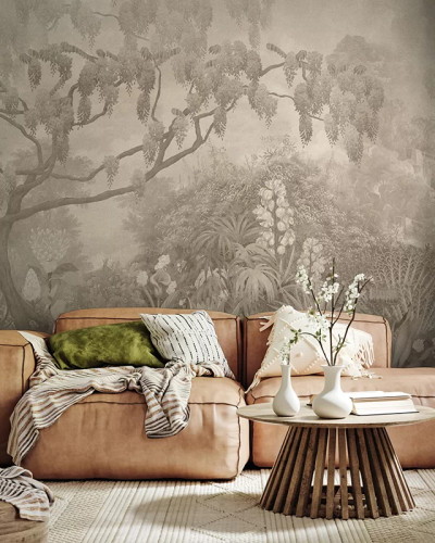 Fototapet cu design floral și arbori sepia într-un interior modern