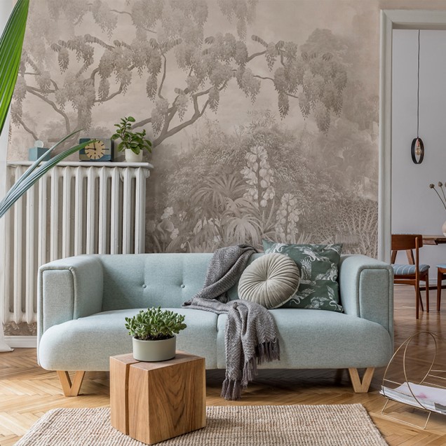 Fototapet cu design floral și arbori sepia într-un interior modern