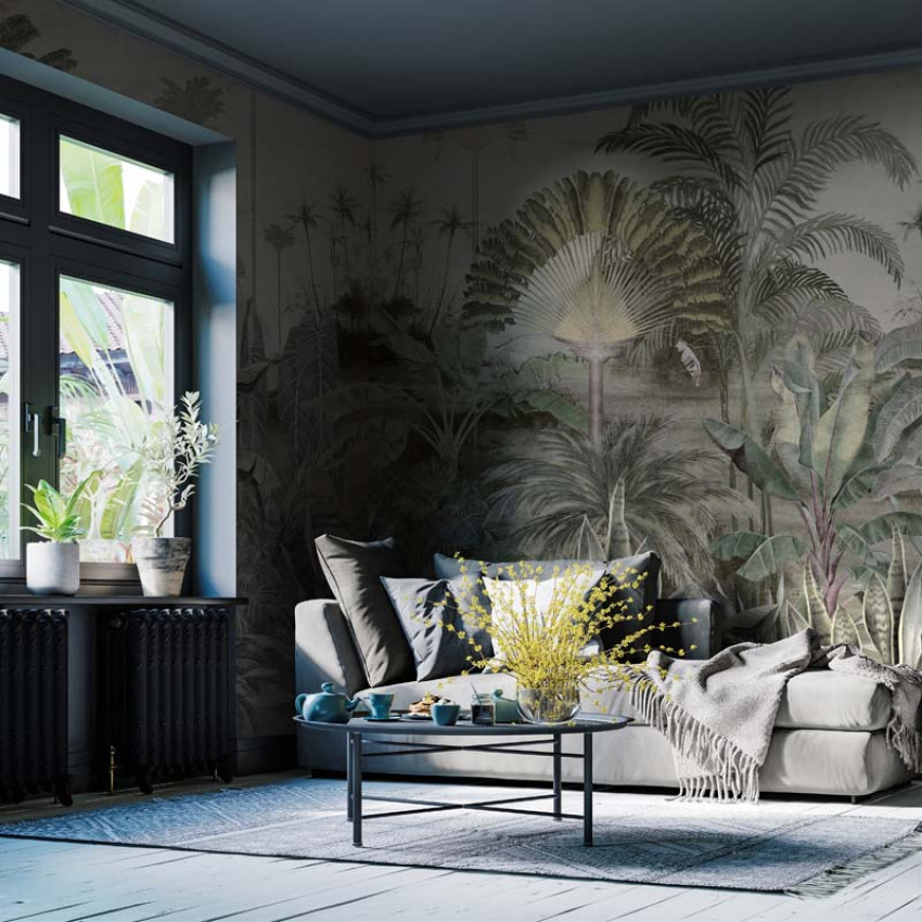 Tapet Cythera cu design exotic, cu palmieri impunatori, in culori neutre, perfect pentru living, dormitor sau baie.