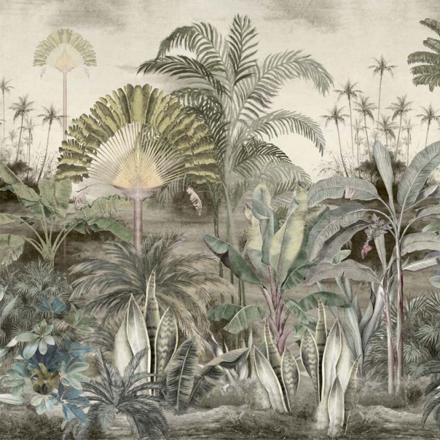 Tapet cu peisaj tropical luxuriant într-un birou elegant