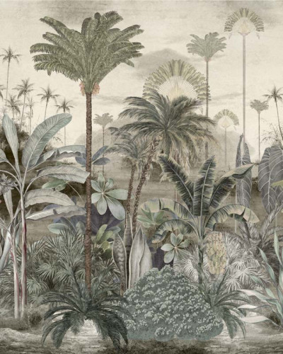 Tapet cu peisaj tropical luxuriant într-un birou elegant