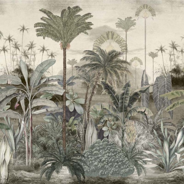 Tapet cu peisaj tropical luxuriant într-un birou elegant