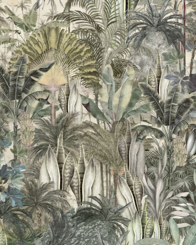 Tapet Cythera cu design exotic, cu palmieri impunatori, in culori neutre, perfect pentru living, dormitor sau baie.