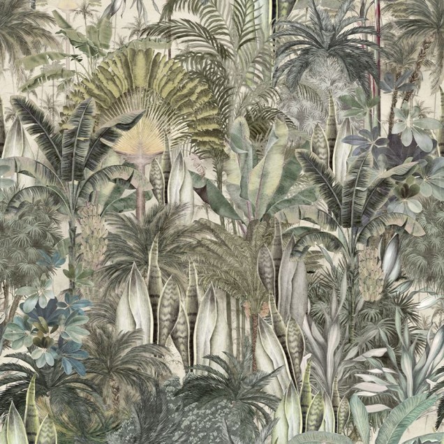 Tapet Cythera cu design exotic, cu palmieri impunatori, in culori neutre, perfect pentru living, dormitor sau baie.