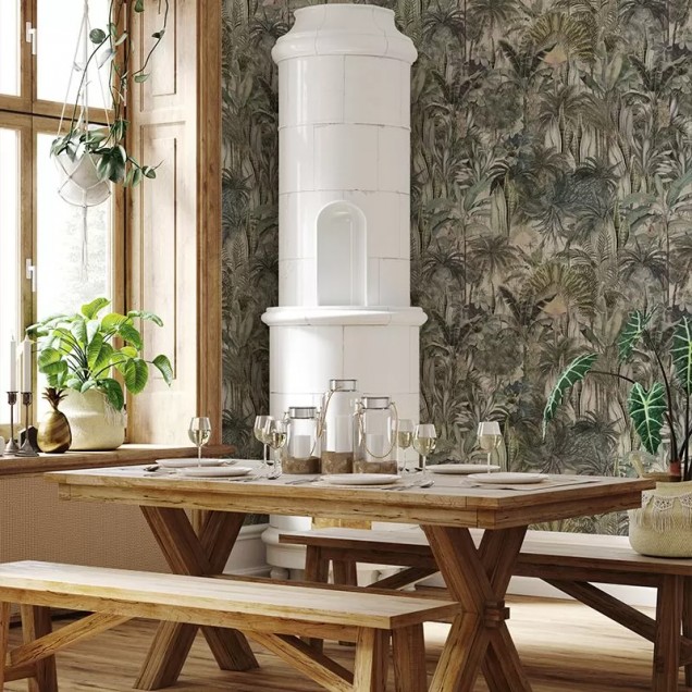 Tapet Cythera cu design exotic, cu palmieri impunatori, in culori neutre, perfect pentru living, dormitor sau baie.