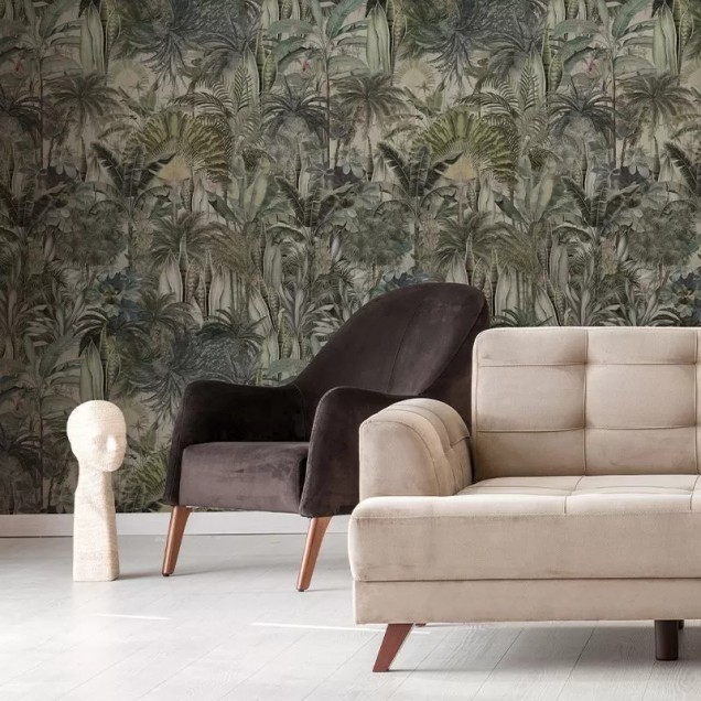 Tapet Cythera cu design exotic, cu palmieri impunatori, in culori neutre, perfect pentru living, dormitor sau baie.