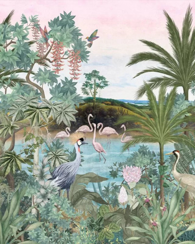 Tapet cu design tropical, cu palmieri, păsări și o lagună