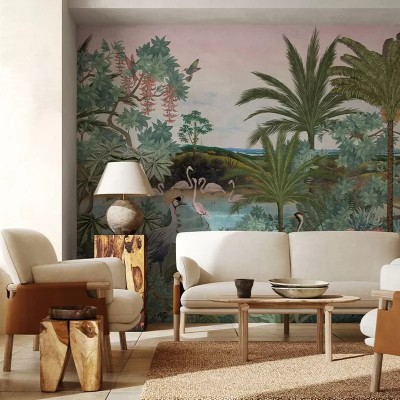 Tapet cu design tropical, cu palmieri, păsări și o lagună
