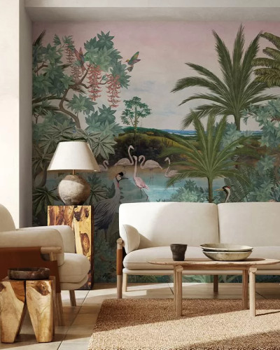 Tapet cu design tropical, cu palmieri, păsări și o lagună