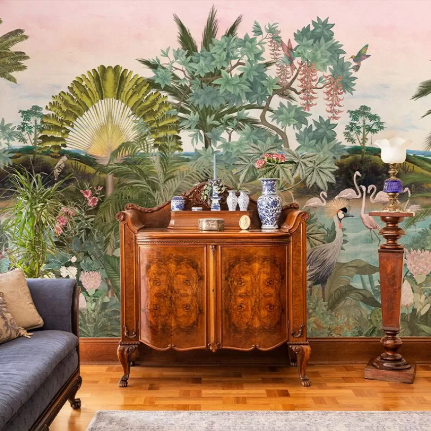 Tapet cu design exotic, cu palmieri, flori și apă cristalină