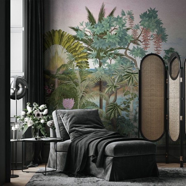Tapet cu design exotic, cu palmieri, flori și apă cristalină