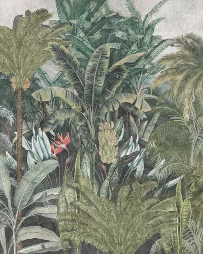 Tapet cu design tropical luxuriant, cu palmieri si plante tropicale, ideal pentru a crea o atmosfera vibranta si relaxanta.
