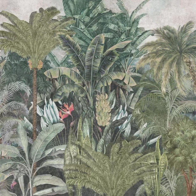 Tapet cu design tropical luxuriant, cu palmieri si plante tropicale, ideal pentru a crea o atmosfera vibranta si relaxanta.