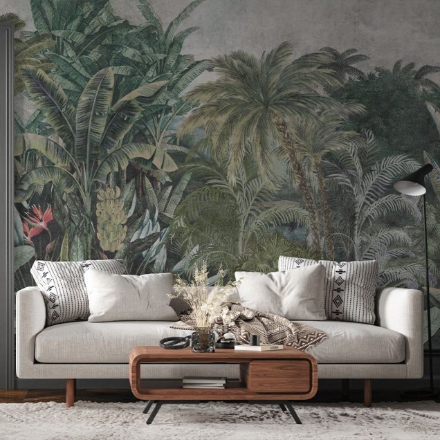Tapet cu design tropical luxuriant, cu palmieri si plante tropicale, ideal pentru a crea o atmosfera vibranta si relaxanta.