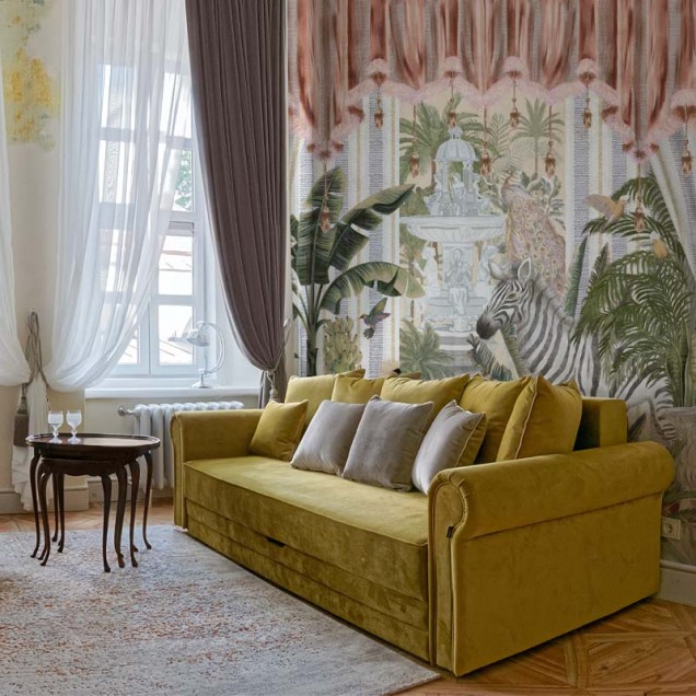 Tapet Tropical Vibrant cu palmieri, flamingo și o zebră.