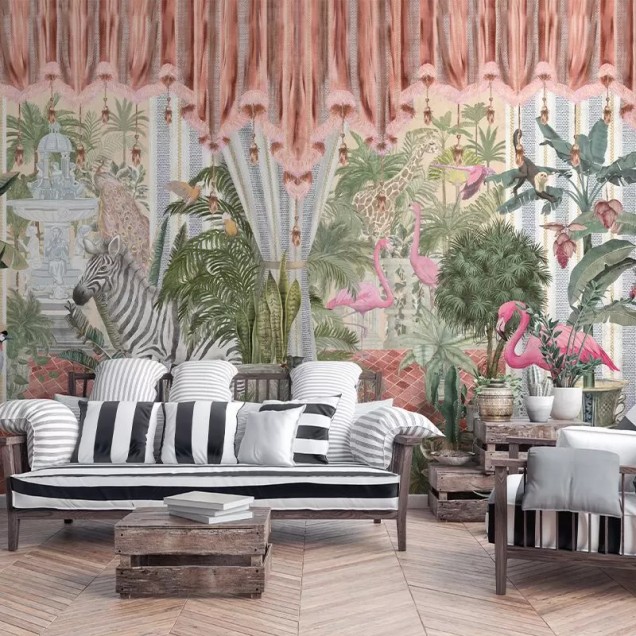 Tapet Tropical Vibrant cu palmieri, flamingo și o zebră.