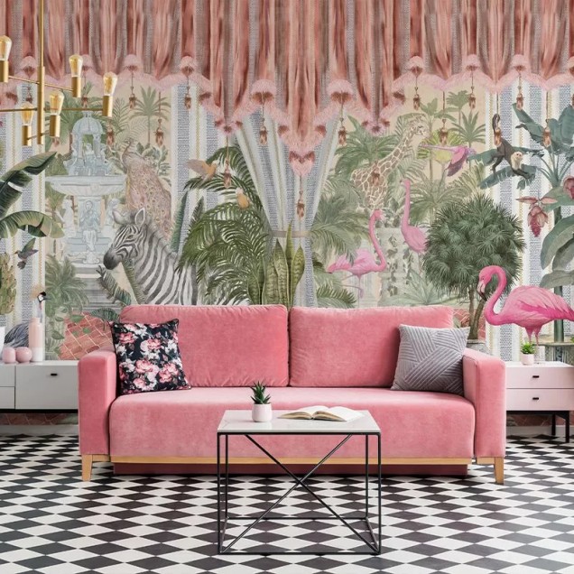 Tapet Tropical Vibrant cu palmieri, flamingo și o zebră.
