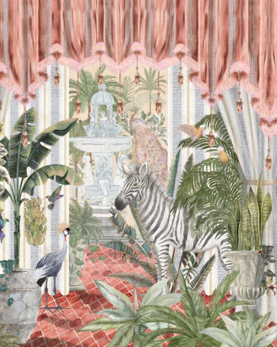 Tapet Tropical Vibrant cu palmieri, flamingo și o zebră.