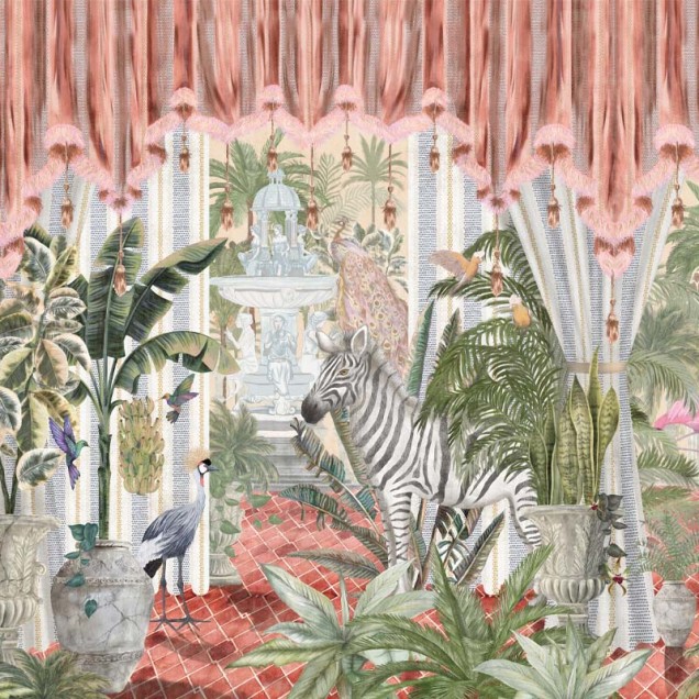 Tapet Tropical Vibrant cu palmieri, flamingo și o zebră.
