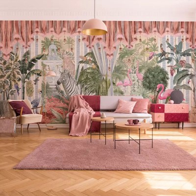 Tapet Tropical Vibrant cu palmieri, flamingo și o zebră.