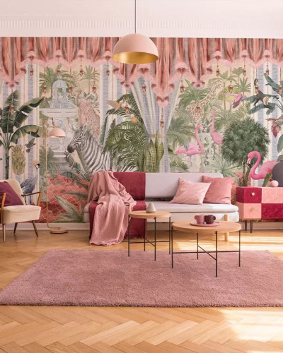 Tapet Tropical Vibrant cu palmieri, flamingo și o zebră.