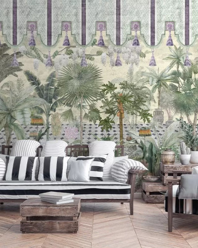 Tapet tropical cu palmieri, flori și detalii delicate