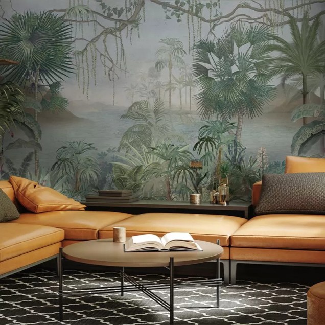 Tapet cu palmieri, design realist, cu nuanțe de verde și albastru, ideal pentru a crea o atmosferă tropicală în casa ta.