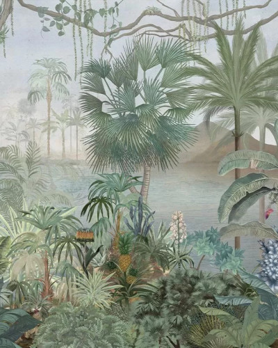 Tapet cu palmieri, design realist, cu nuanțe de verde și albastru, ideal pentru a crea o atmosferă tropicală în casa ta.