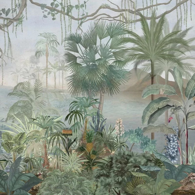Tapet cu palmieri, design realist, cu nuanțe de verde și albastru, ideal pentru a crea o atmosferă tropicală în casa ta.