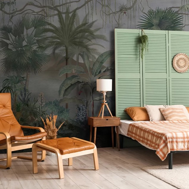 Tapet cu palmieri, design realist, cu nuanțe de verde și albastru, ideal pentru a crea o atmosferă tropicală în casa ta.