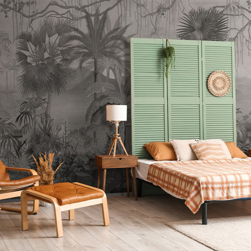 Tapet cu palmieri, design realist, cu nuanțe de verde și albastru, ideal pentru a crea o atmosferă tropicală în casa ta.