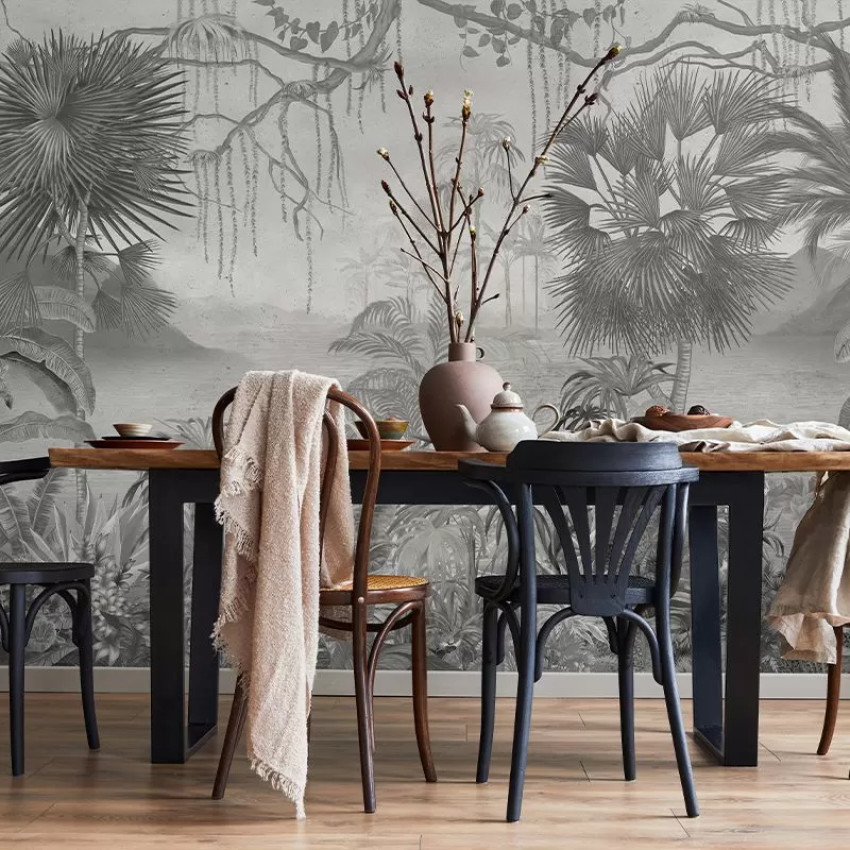 Tapet cu palmieri, design realist, cu nuanțe de verde și albastru, ideal pentru a crea o atmosferă tropicală în casa ta.