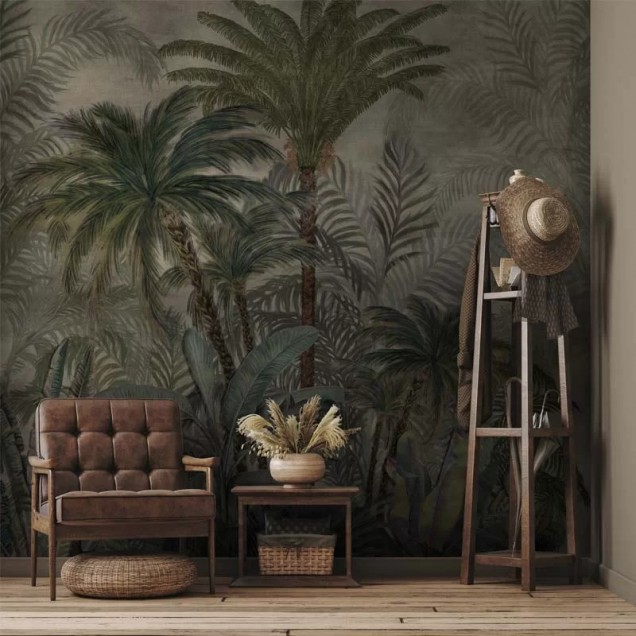 Tapet cu motiv tropical într-o baie elegantă