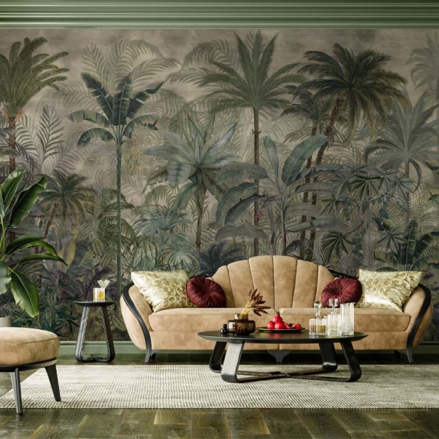 Tapet cu motiv tropical într-o baie elegantă