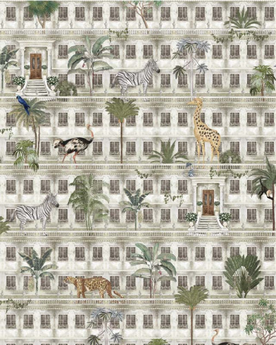 Tapet cu design exotic ce include motive de animale și arhitectură